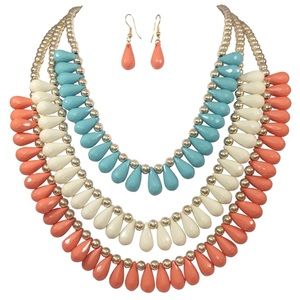 Coral Orange Blue Ivory Beaded Necklace Set